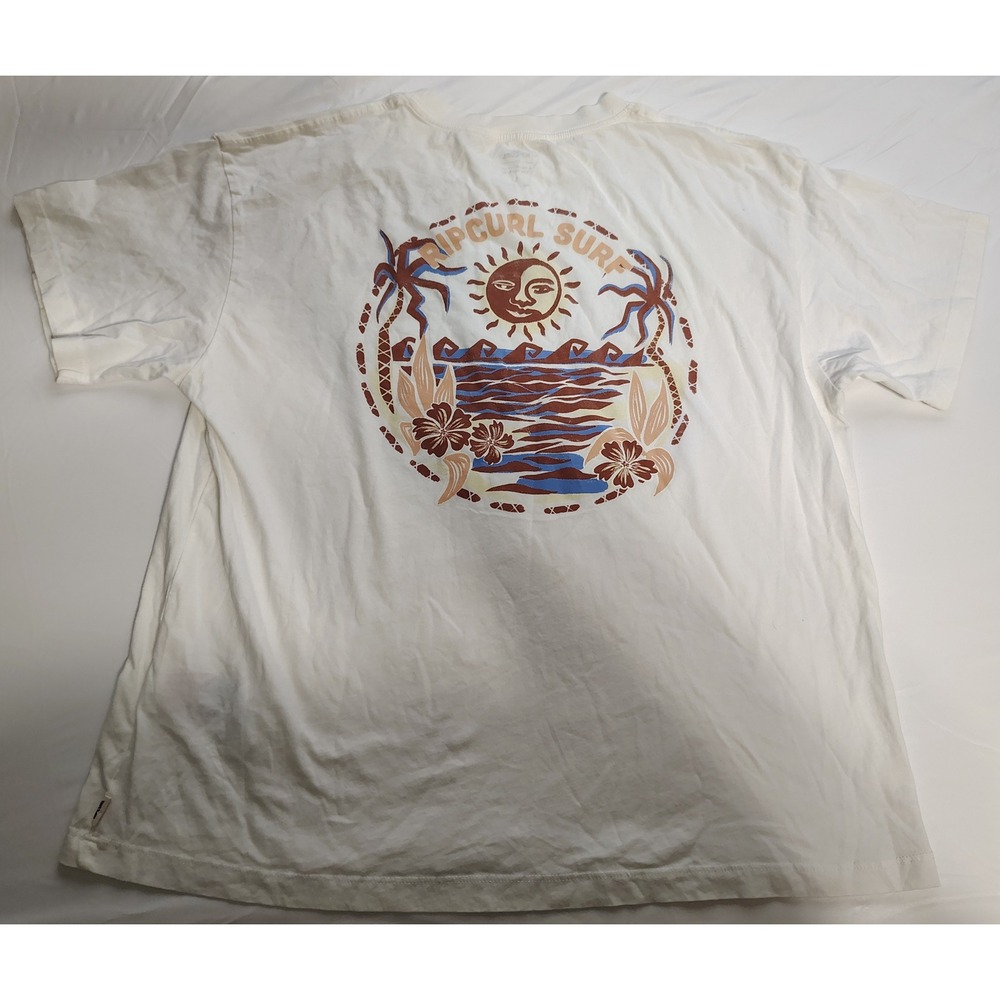 Rip Curl Surf Graphic T-Shirt White Cotton Short Sleeve Mens Large Sun Palm Tree